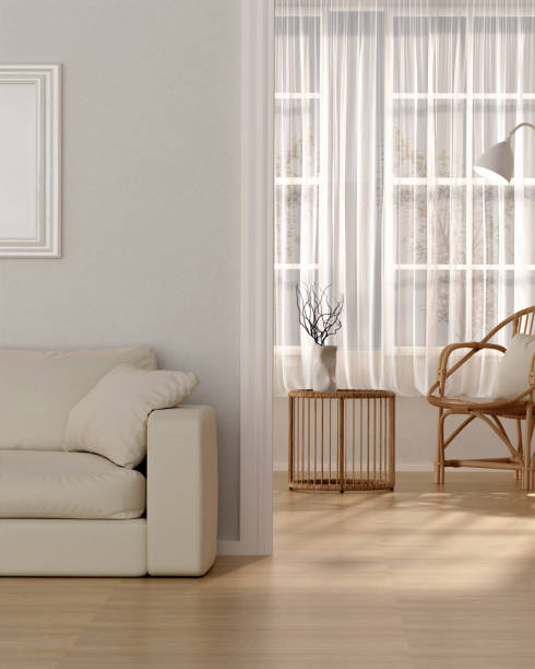 istock 3D Render of a Modern Interior with Cozy Sofa and Natural Light Through Sheer Curtains 2171071144