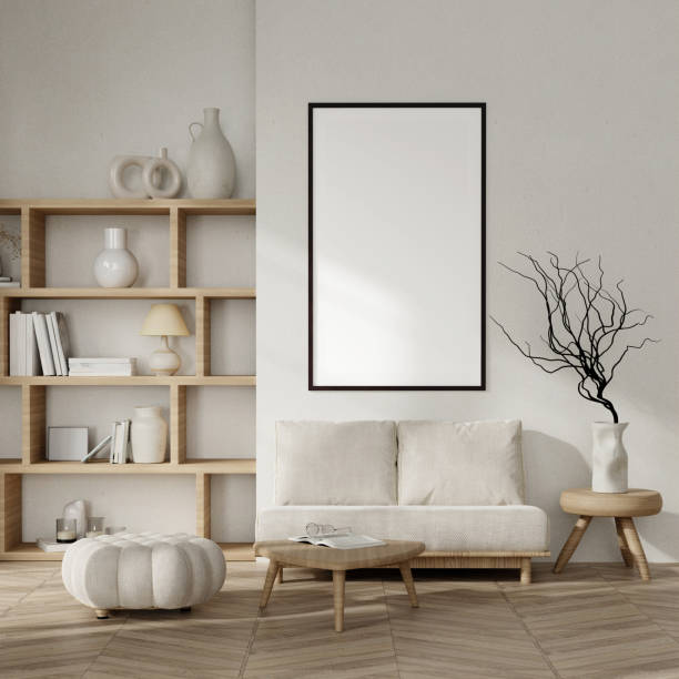 istock Elegant 3D Render of Modern Minimalist Interior with Blank Frame on Wall, Neutral Tones, and Stylish Furniture 2171071156