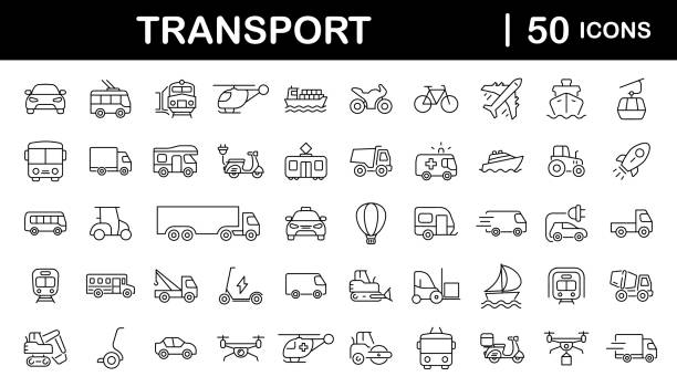 illustrations, cliparts, dessins animés et icônes de transportez un ensemble d’icônes web dans un style linéaire. icônes de transport, de véhicule et de livraison pour le web et l’application mobile. transport en commun, voiture, vélo, train, vélo, avion, bus, métro, navire, bulldozer, hélicoptè - moyen de transport