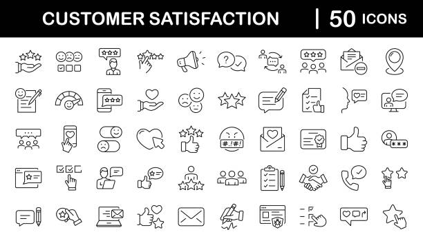 ilustraciones, imágenes clip art, dibujos animados e iconos de stock de conjunto de iconos web de satisfacción del cliente en estilo de línea. iconos de comentarios para la web y la aplicación móvil. contiene calificación, me gusta, no me gusta, experiencia del cliente, revisión, satisfacción del cliente, testimonio y m - dar feedback