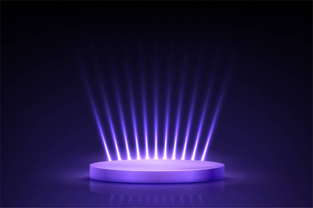 illustrazioni stock, clip art, cartoni animati e icone di tendenza di blue violet podium for awards or product display vector illustration. abstract empty 3d stage with glowing light rays on dark background. luxury product presentation, glamour beauty industry design - podio