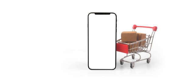 istock smartphone with shopping cart and a box 2171083388