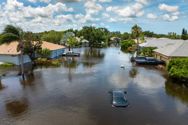 hurricane rainfall flooded road. drowned car on city street in florida residential area. consequences of hurricane natural disaster - acidente natural imagens e fotografias de stock