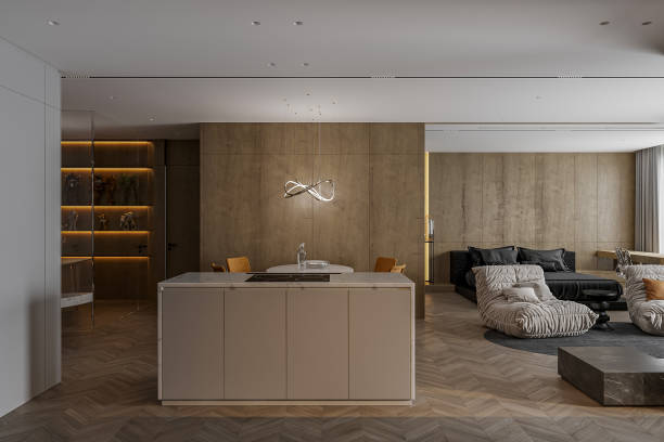istock Modern Minimalist apartment features a kitchen island and a lounge area. 2171087682