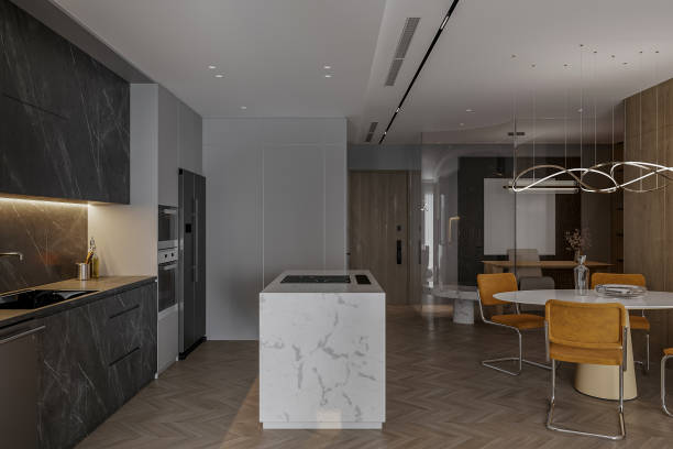 istock contemporary white kitchen featuring top-notch appliances a black countertop and a white island. 2171088022