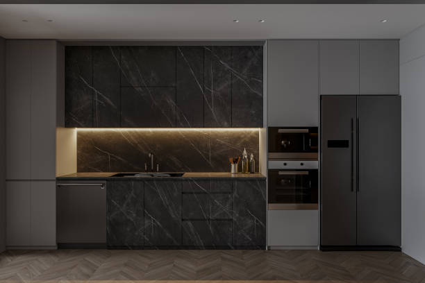 istock Kitchen with Matte Finishes and Integrated Appliances A minimalist kitchen mockup with matte-finished cabinets and built-in appliances. 2171088052
