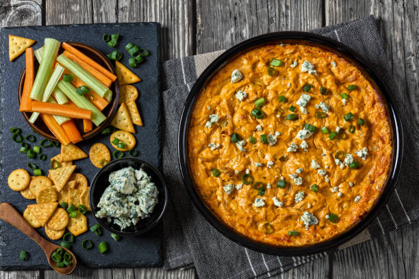 hot buffalo chicken dip in baking dish, top view