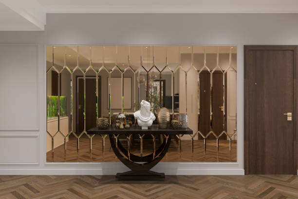 istock Contemporary living room corner interior with a decorative hexagonal mirror wall, and a stylish table 2171089316