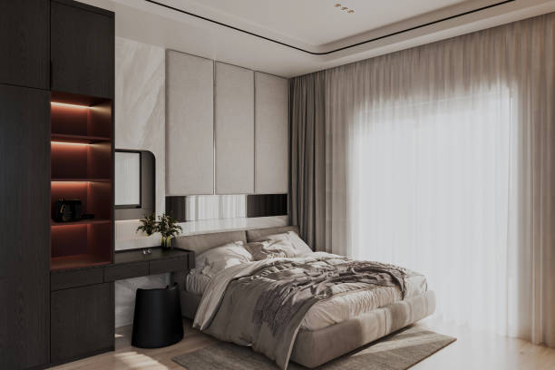 istock Bedroom with dressing room, dark minimalist style, 3D decoration renderings 2171089317