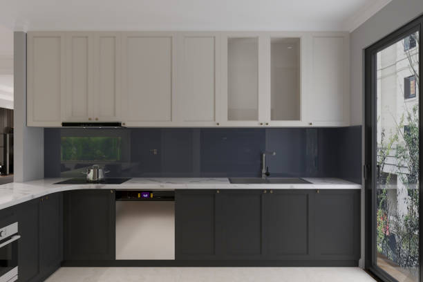 istock Minimal kitchen with gray cabinets and balcony view from the windows, interior design 2171089745