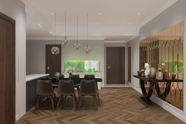 istock Simple Chandelier pendant over dining table, floor-to-ceiling next to the kitchen 2171089901