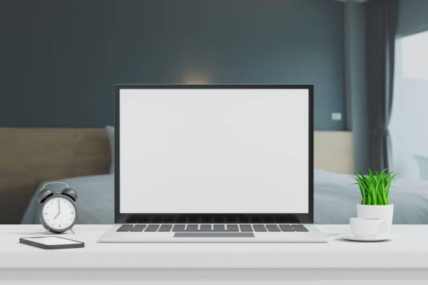 istock Laptop open to show green screen close up display in bedroom, application website present, 3D rendering 2171090017