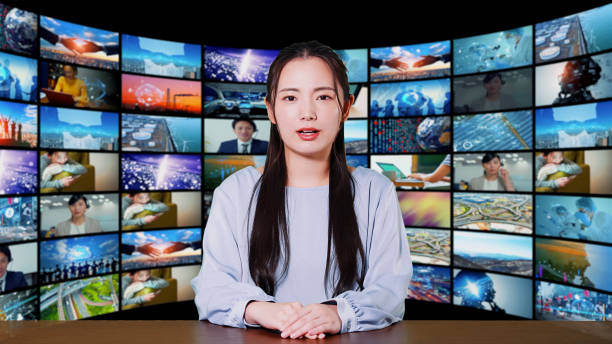 istock Television studio concept. Broadcasting. Asian announcer. 2171090696