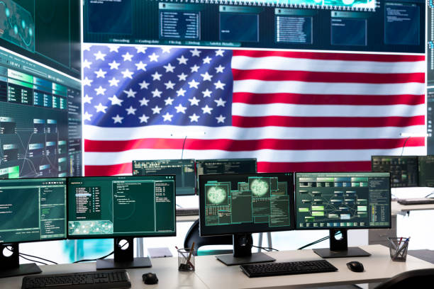 istock Empty governmental surveillance room shows an American flag 2171092193