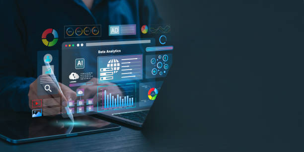 Analyst working with computer in Business Analytics and Data Management System with KPI and metrics connected to the database for technology finance, operations, sales, marketing. Data analysis.Ai stock photo