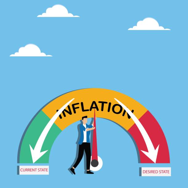 istock Effort to reduce inflation rate, fighting against financial crisis, stabilizing economy concept, Businessman trying to pull pointer of inflation rate gauge to normal level 2171096376