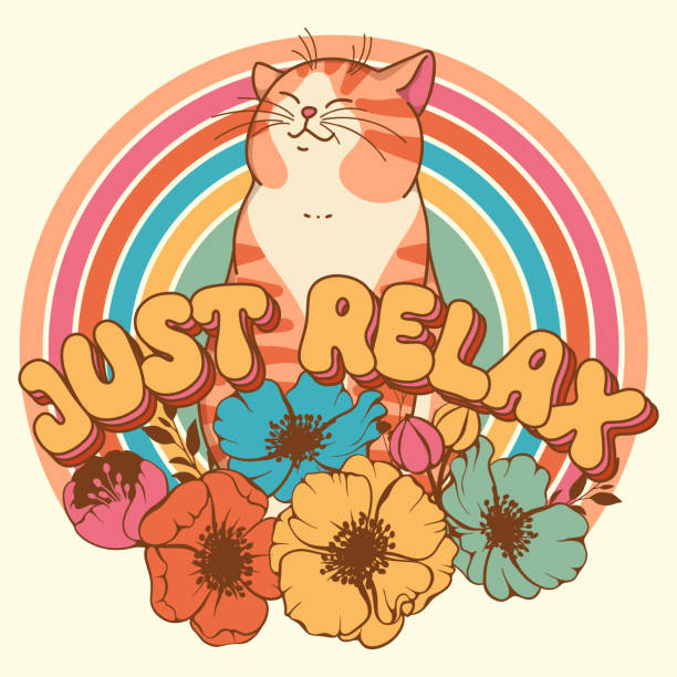 Retro poster, mascot character, flowers, rainbow, cat and motivation lettering. 60s, 70s hippie lettering design. Just relax. Vector illustration