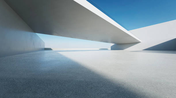 istock 3d render of abstract modern architecture with empty concrete floor, minimal white exterior, car presentation background 2171097092