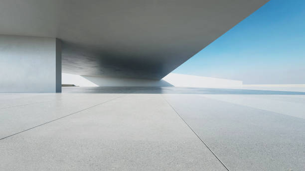 istock 3d render of abstract modern architecture with empty concrete floor, minimal white exterior, car presentation background 2171097097