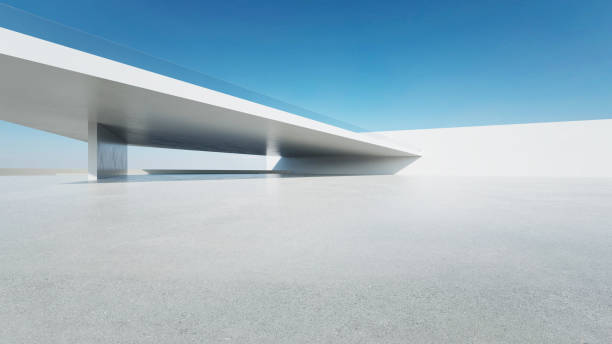 istock 3d render of abstract modern architecture with empty concrete floor, minimal white exterior, car presentation background 2171097098