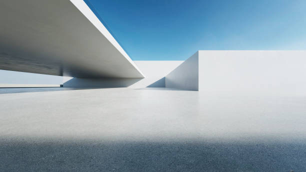 istock 3d render of abstract modern architecture with empty concrete floor, minimal white exterior, car presentation background 2171097101