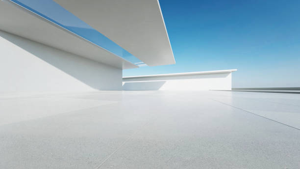 istock 3d render of abstract modern architecture with empty concrete floor, minimal white exterior, car presentation background 2171097106