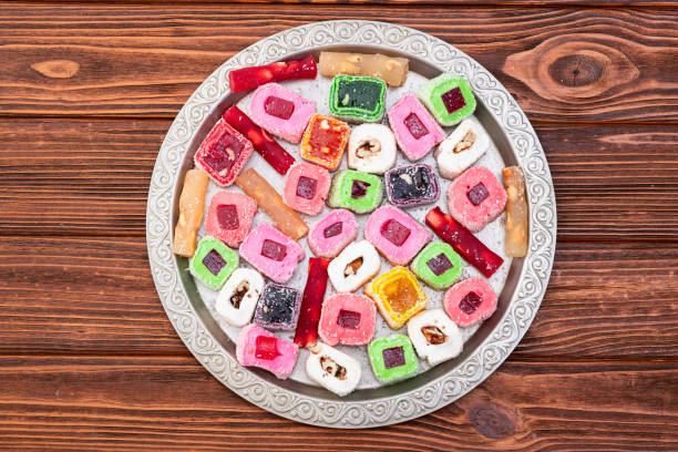 Turkish delight candy . Rahat lokum photography . Top view