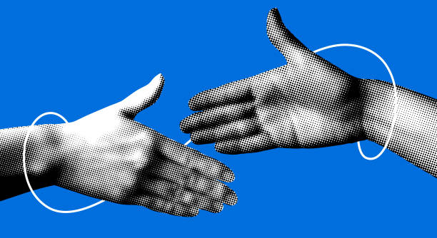 руки тянутся друг к другу. рукопожатие - монтаж stock illustrations