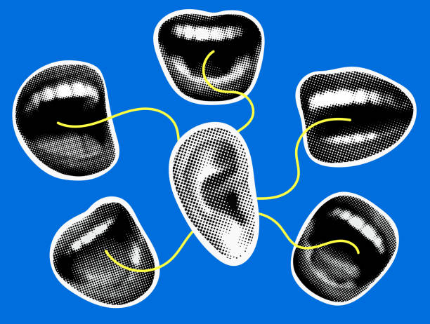 Modern collage with ear and halftone screaming mouths Modern collage with ear and halftone screaming mouths. Concept of gossip. Condemnation, criticism from people. Body parts cut out of newspaper funny ear stock illustrations