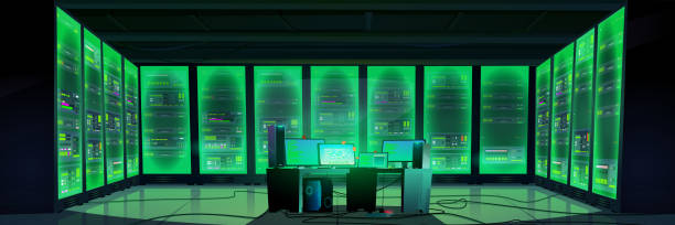 Data center interior with storage, control panel Data center interior with green glow supercomputer and control panel in center. Cartoon vector illustration of server room for ai generator and database network system service. Datacenter technology. supercomputer stock illustrations