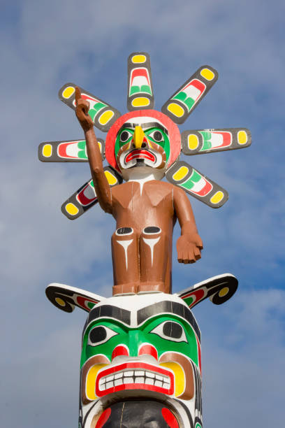 Canada ,Yukon ,Teslin Village  First Nations totem pole display. Tlingit tribe.