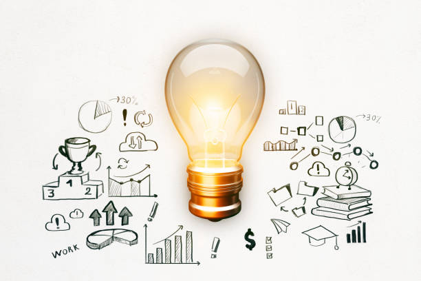 istock Illuminated Light Bulb with Business Concept Sketches on a White Wall. 3D Rendering 2171106697