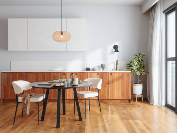 istock Modern Kitchen Interior With Dining Table, Chairs, Cabinets And Pendant Light 2171106727