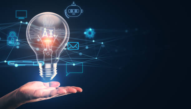 Hand presenting a glowing lightbulb with AI symbol and digital network icons on dark background.