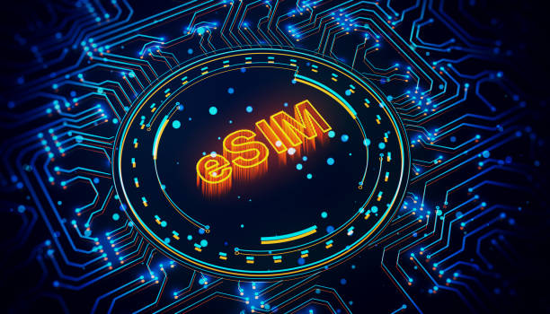 istock Neon eSIM text in a digital circuit holographic style background. 3D Rendering 2171106747