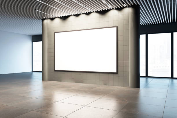 istock Blank white poster on tiled wall in modern interior room with large windows. 3D Rendering 2171106806