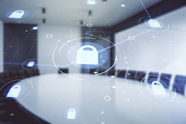 istock Virtual creative lock illustration with microcircuit on a modern coworking room background, cyber security concept. Multiexposure 2171108008