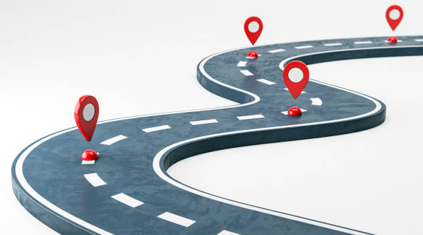 istock Curved Road with Multiple Red Location Pins on a White Background. 3D Rendering 2171108436