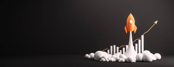 istock Rocket launching with upward graph bars and arrow on black background. 3D Rendering 2171108459
