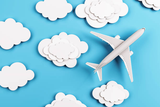 istock Airplane flying among paper clouds on blue background. 3D Rendering 2171108684