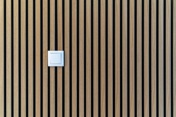 istock Wooden wall texture with wood acoustic panels background pattern 2171110256