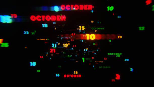 istock Abstract digital art with glowing text representing the month of October in striking neon colors on a dark background 2171111909