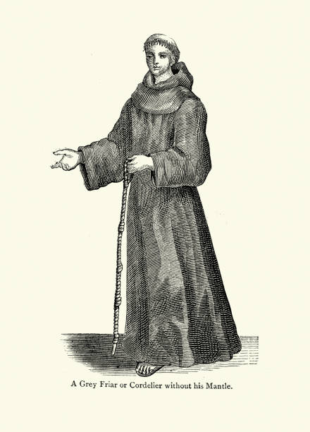 ilustrações, clipart, desenhos animados e ícones de moda religiosa medieval, frade ou cordelier cinzento, monge da ordem dos franciscanos, hábito, cabeça raspada (tonsura), século 13, ilustração vintage - tonsura