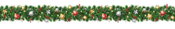 istock Christmas seamless decoration isolated on white background. Christmas tree border, garland. Gold and red glitter ornaments, stars. For holiday headers, banners, party posters. Vector. 2171116841