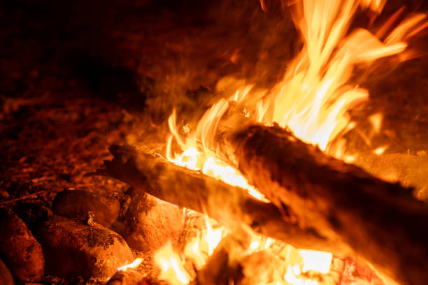 istock A vibrant campfire burns brightly, casting warm light around stones and wooden logs in a tranquil outdoor environment at night 2171122384