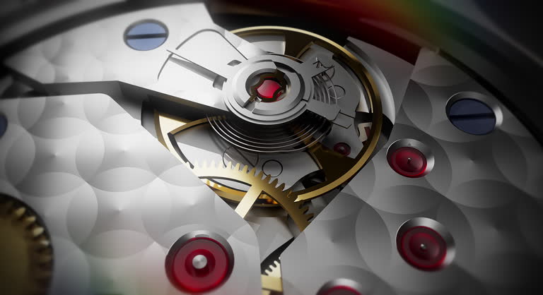 3D Animation Of A Functioning Open Back Automatic Watch. Gears In Motion.