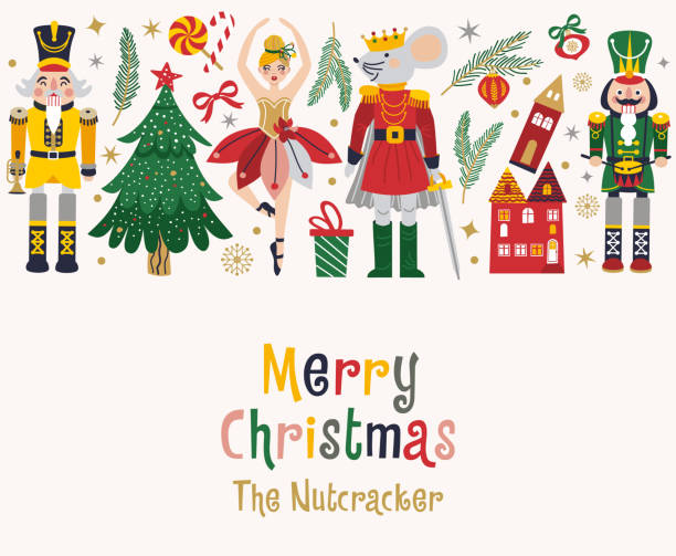 illustrazioni stock, clip art, cartoni animati e icone di tendenza di merry christmas, new year set with ballerina, mouse king and nutcracker. christmas card three and toys - danza-moderna