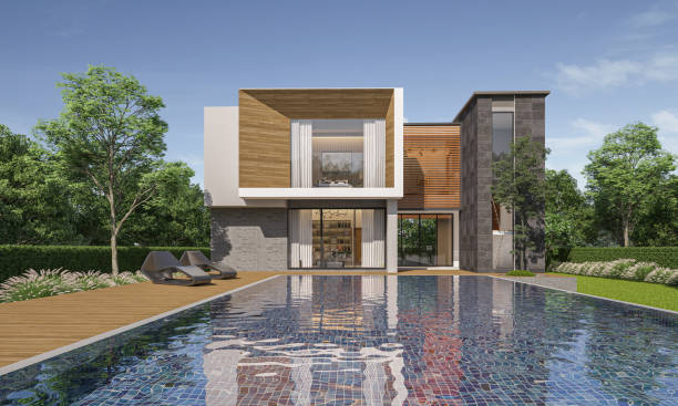 istock Modern house exterior day light with pool.3d rendering 2171130952