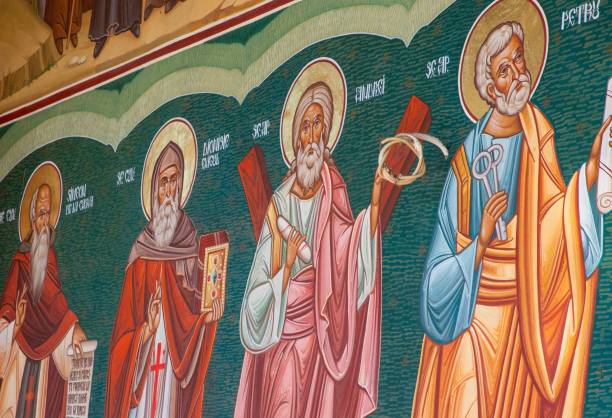 istock Religious mural with saints and symbolic items 2171141437