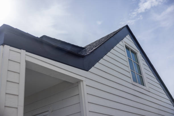 A house with a black roof and white siding